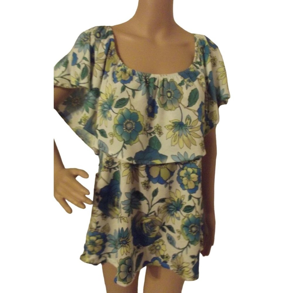 C'E La Vie 1X Retro Floral Off Shoulder Top 18W-20W shirt blue yellow green
